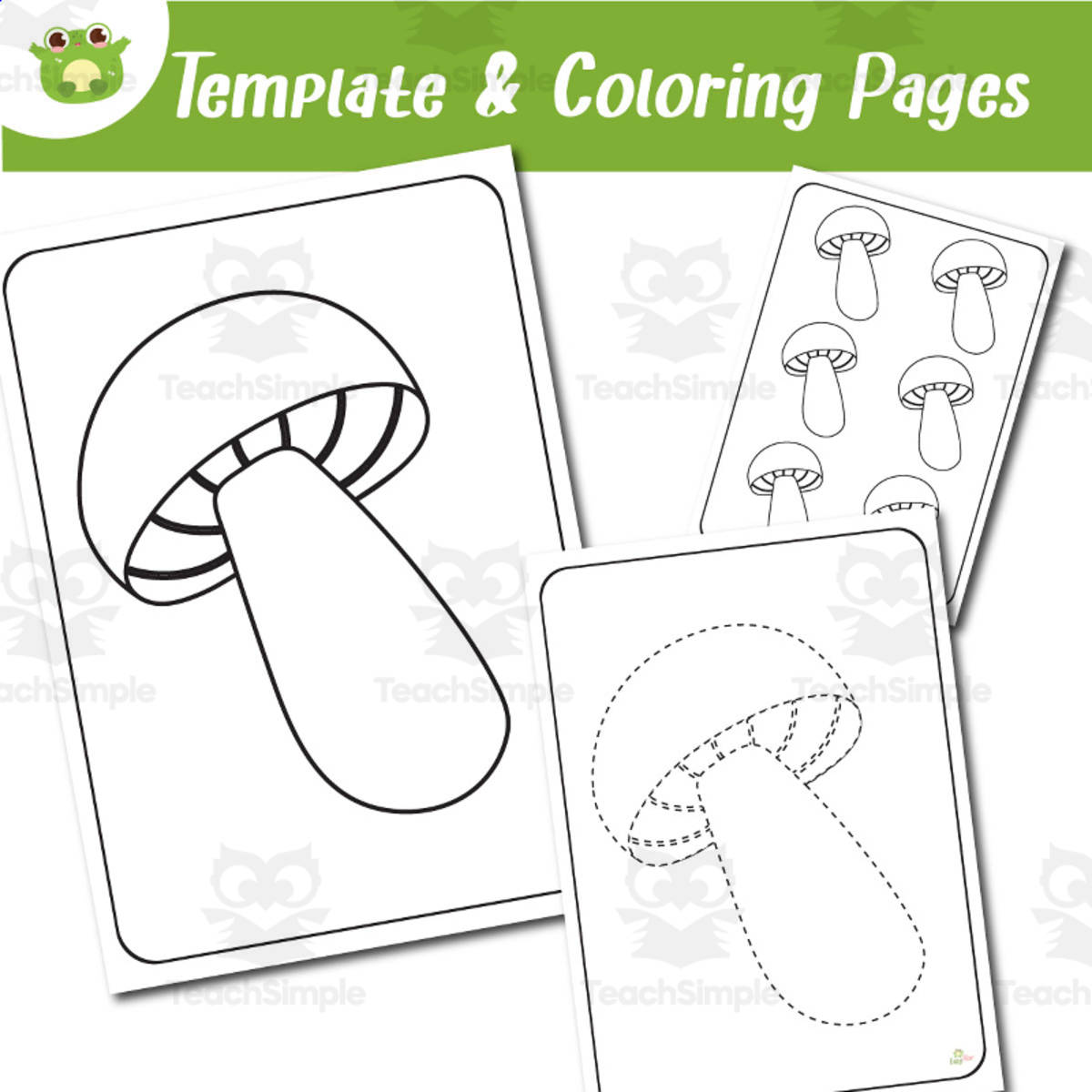An educational teaching resource from EasyHop entitled Mushroom Coloring, Template & Tracing Set | Nature-Themed Printable fo downloadable at Teach Simple.