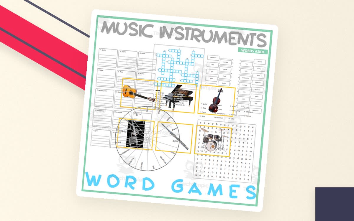 An educational teaching resource from WORDS ASIDE entitled MUSIC INSTRUMENTS: Word Games with Puzzles Crossword Wordsearch downloadable at Teach Simple.