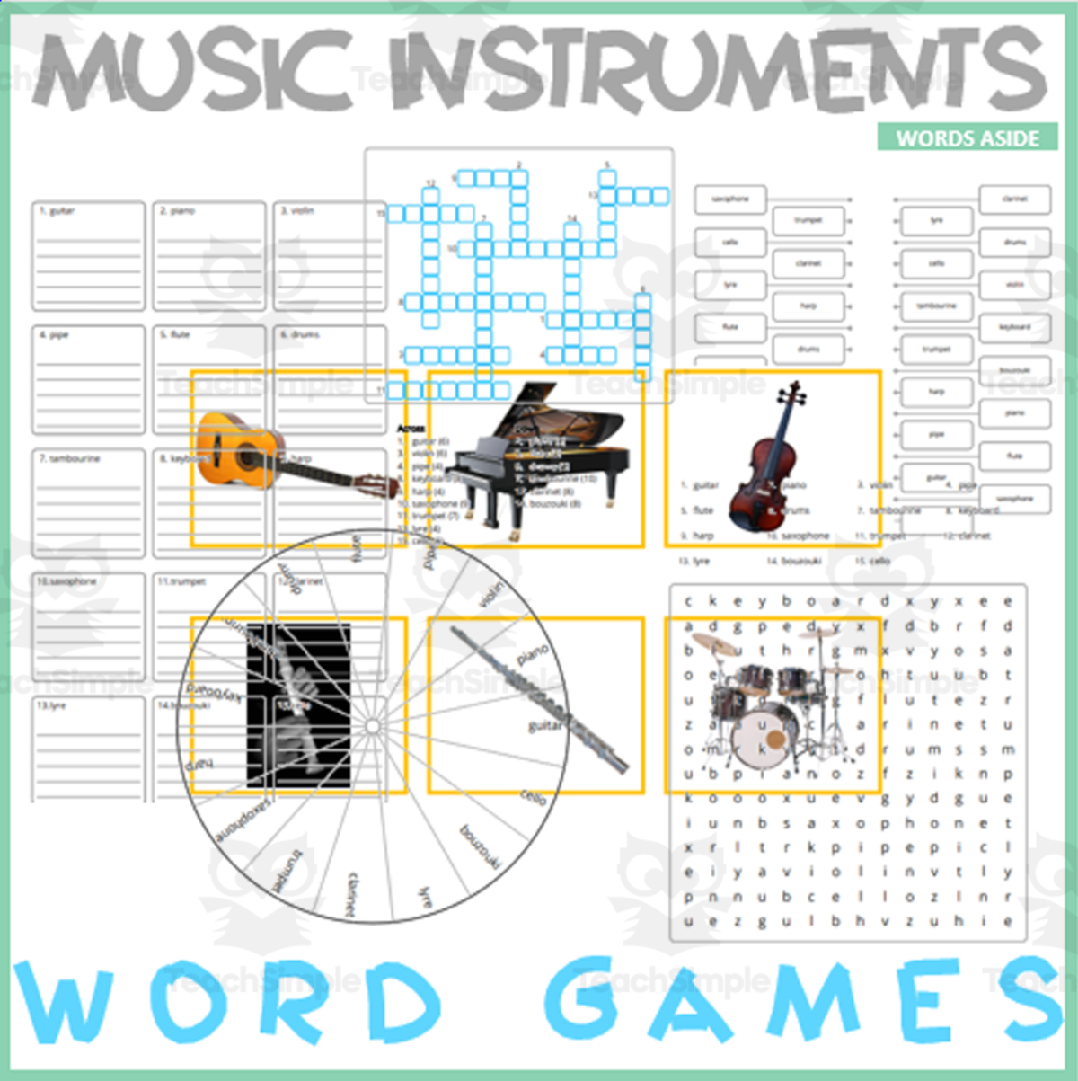 An educational teaching resource from WORDS ASIDE entitled MUSIC INSTRUMENTS: Word Games with Puzzles  Crossword Wordsearch downloadable at Teach Simple.