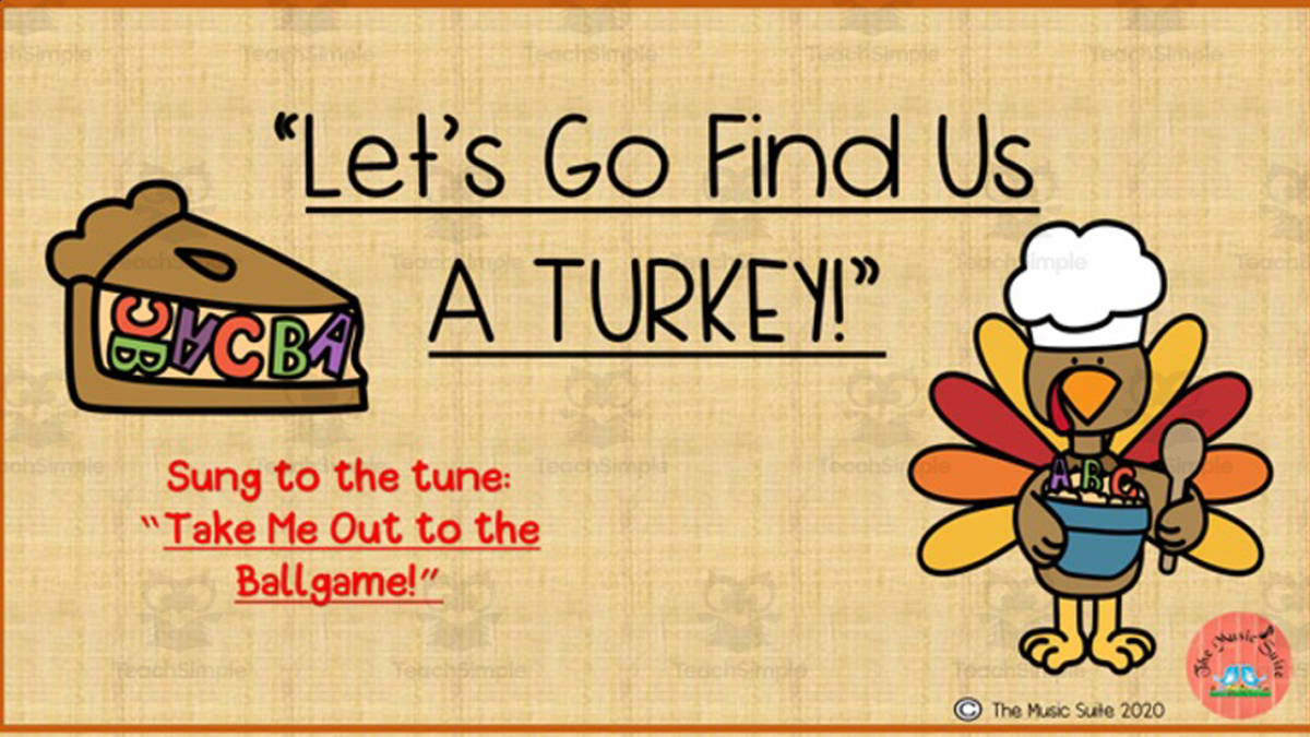 An educational teaching resource from The Music Suite entitled Music: Let's Go Find Us A Turkey Song downloadable at Teach Simple.