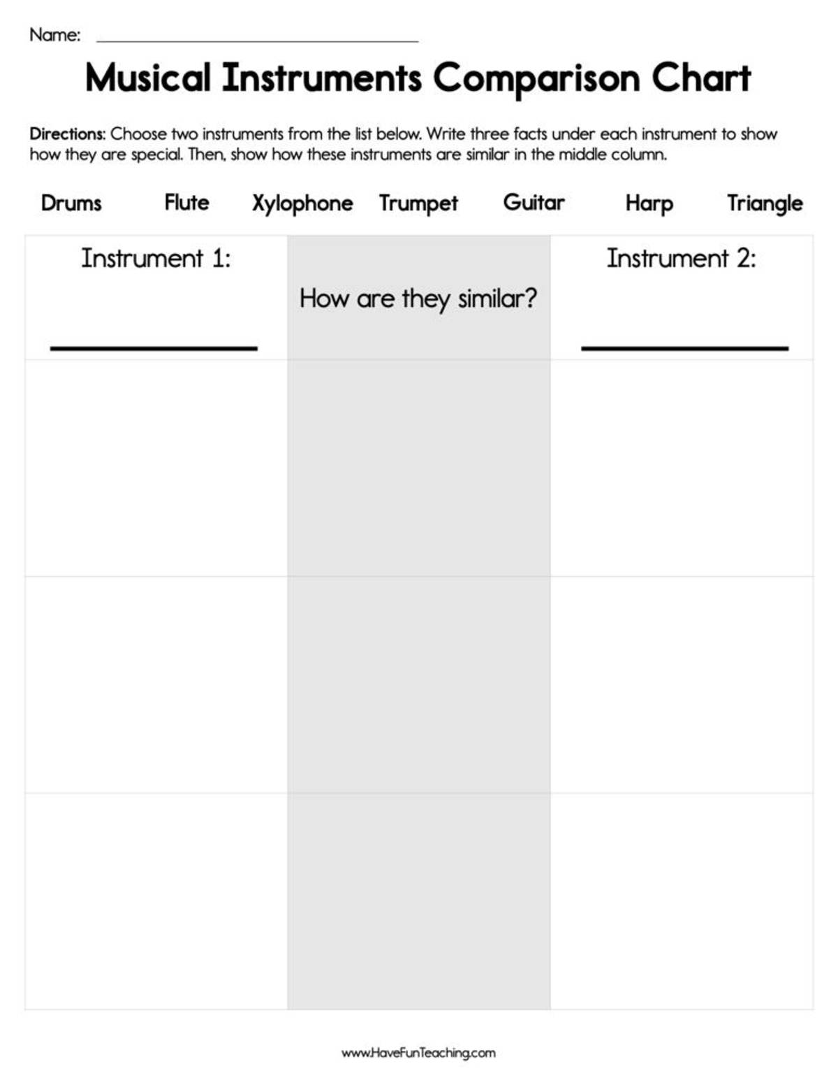 An educational teaching resource from Have Fun Teaching entitled Musical Instrument Comparison Chart Worksheet downloadable at Teach Simple.
