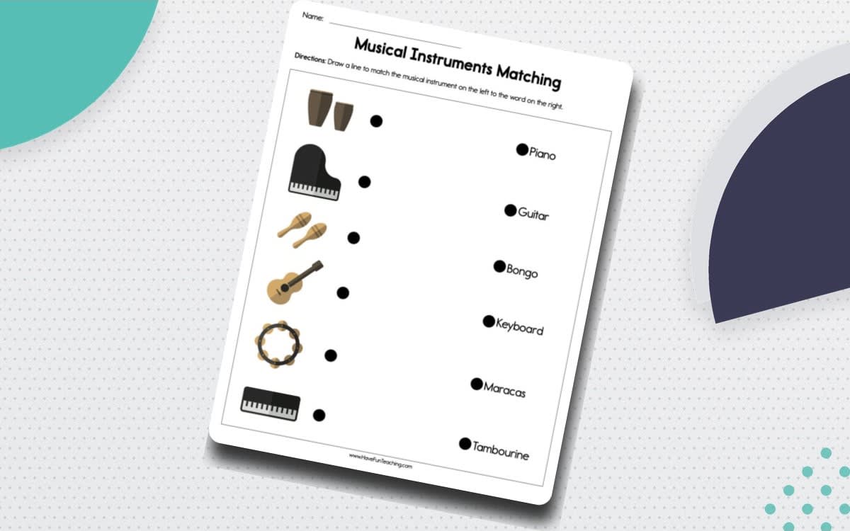 An educational teaching resource from Have Fun Teaching entitled Musical Instrument Matching Worksheet downloadable at Teach Simple.