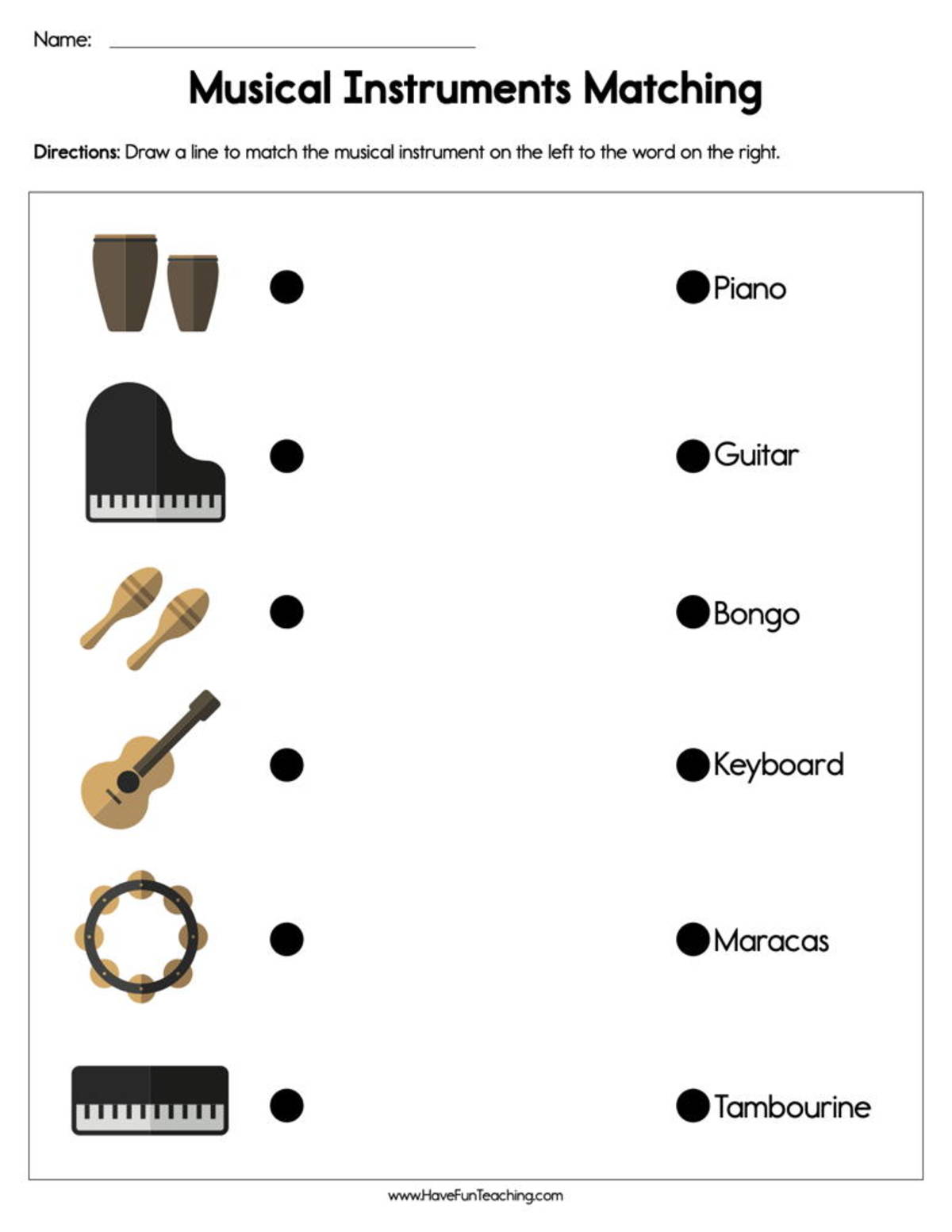 An educational teaching resource from Have Fun Teaching entitled Musical Instrument Matching Worksheet downloadable at Teach Simple.