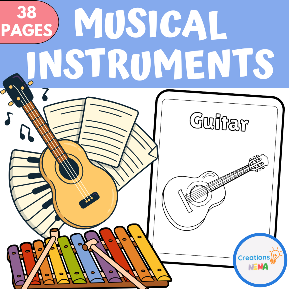 An educational teaching resource from Nena Creations entitled Musical Instruments Coloring Pages. downloadable at Teach Simple.