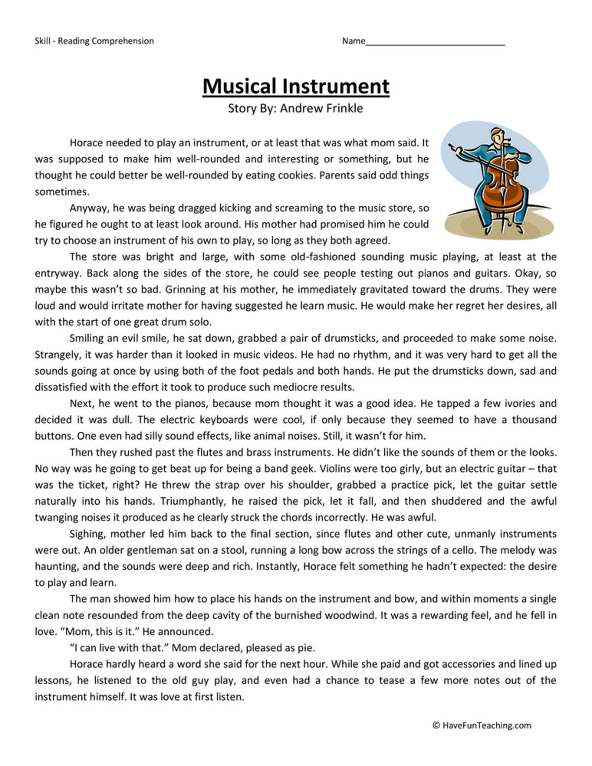An educational teaching resource from Have Fun Teaching entitled Musical Instruments Reading Comprehension Worksheet downloadable at Teach Simple.