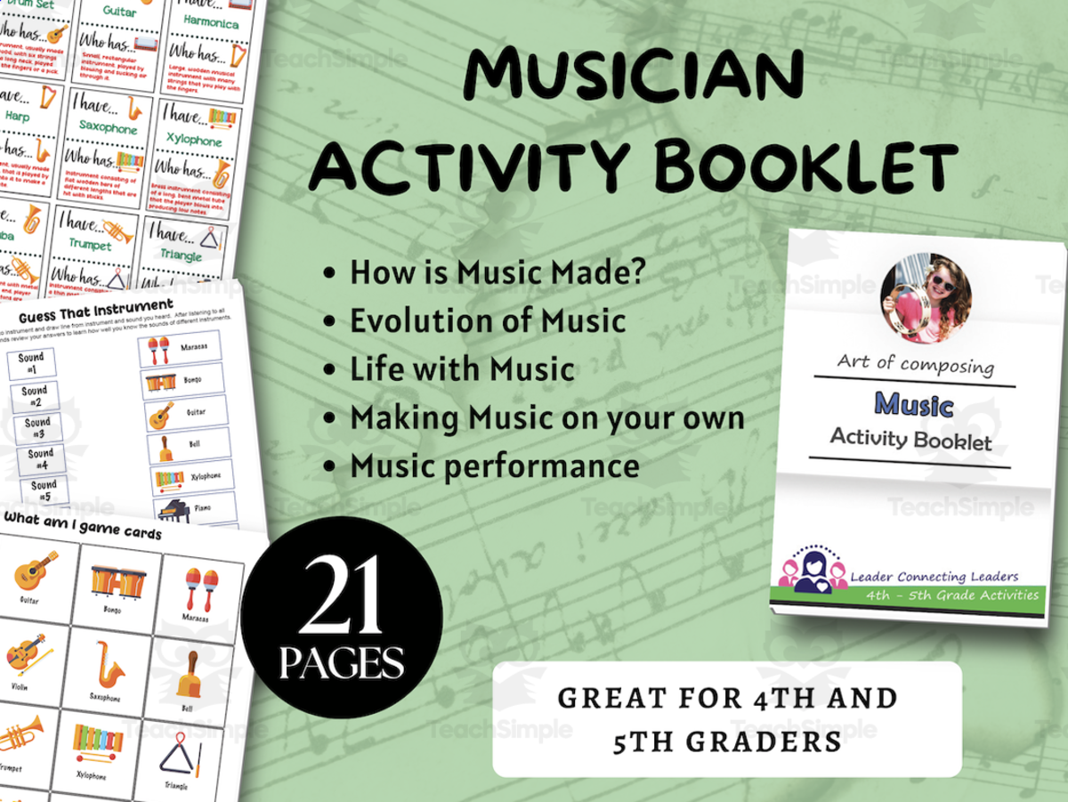 An educational teaching resource from Leader Connecting Leaders entitled Musician Activity Booklet, Evolution of Music; printable for kids, learn about music, making music, Activity printable Active downloadable at Teach Simple.