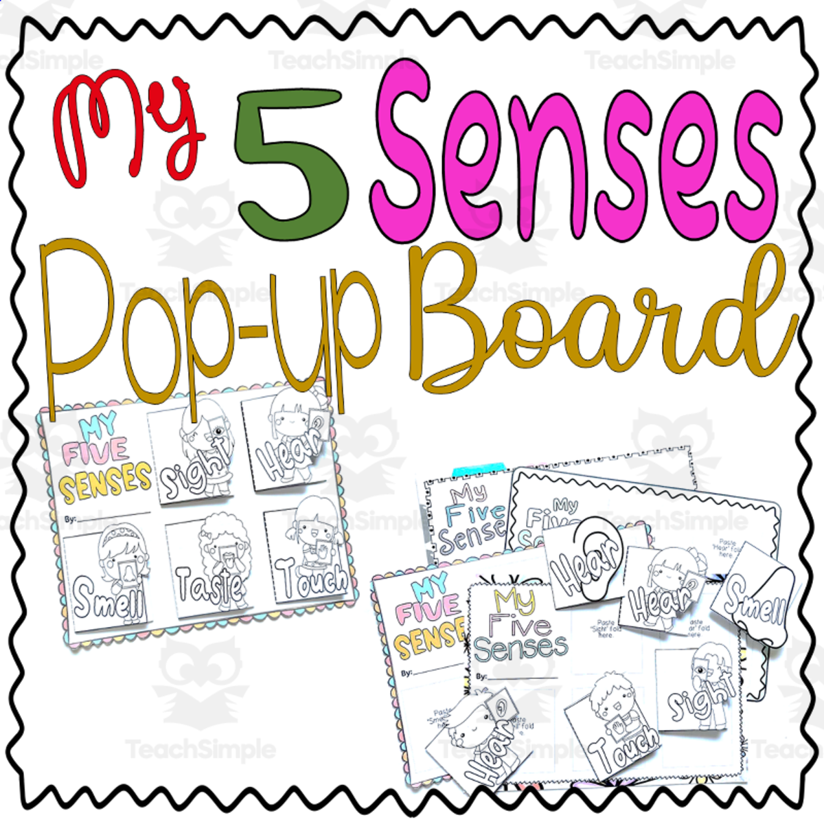 An educational teaching resource from It's Teacher L entitled My 5 Senses Pop-Up Board Grade 1 2 3 ELA Science downloadable at Teach Simple.