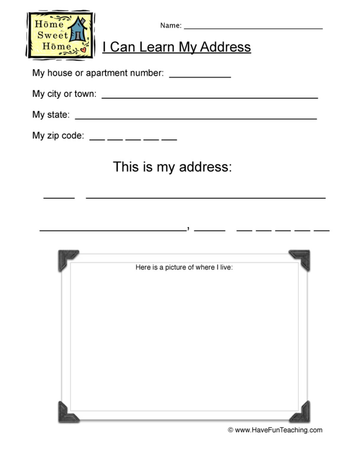 An educational teaching resource from Have Fun Teaching entitled My Address Write and Draw Worksheet downloadable at Teach Simple.