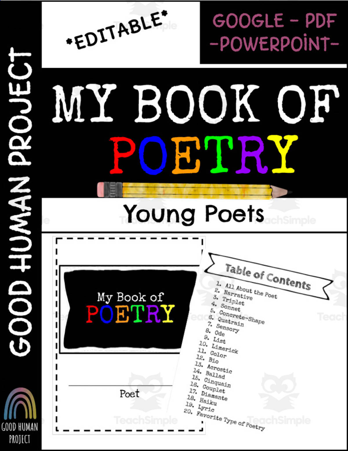 An educational teaching resource from Good Human Project entitled My Book of Poetry | Young Poets Writing Activity downloadable at Teach Simple.