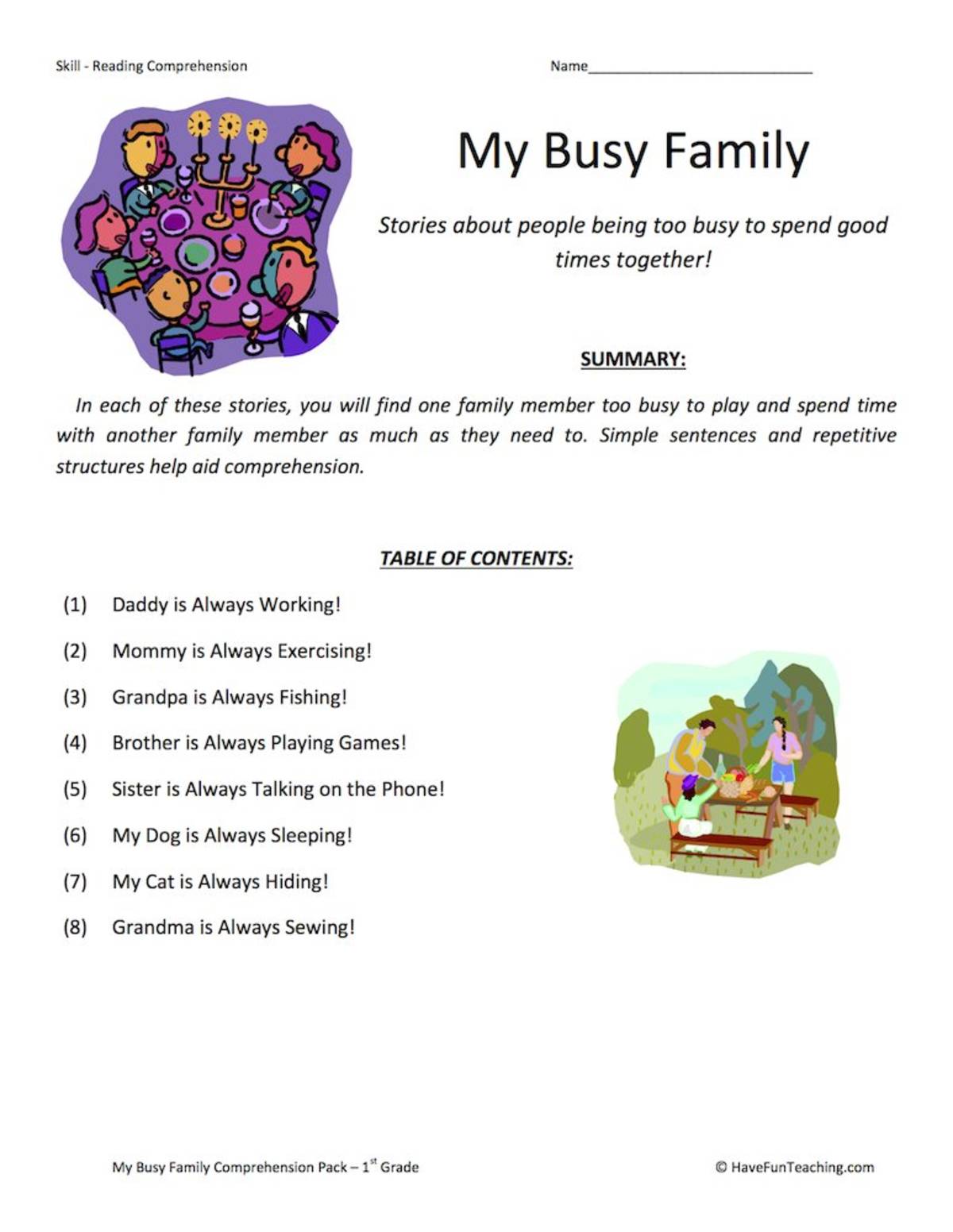 An educational teaching resource from Have Fun Teaching entitled My Busy Family Reading Comprehension Test Collection downloadable at Teach Simple.
