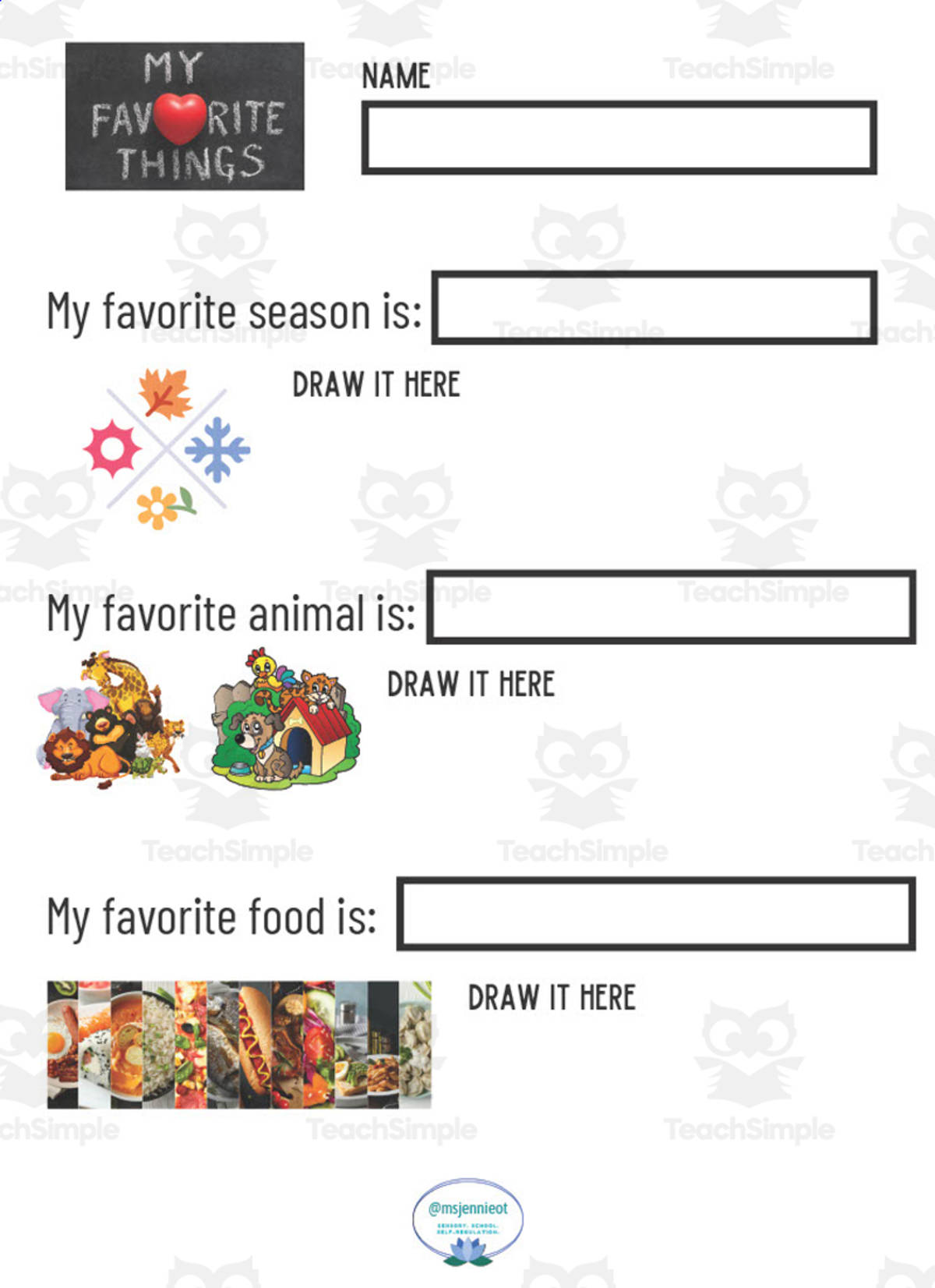 An educational teaching resource from MsJennieOT entitled My Favorite Things – Writing & Dialogue Worksheet downloadable at Teach Simple.