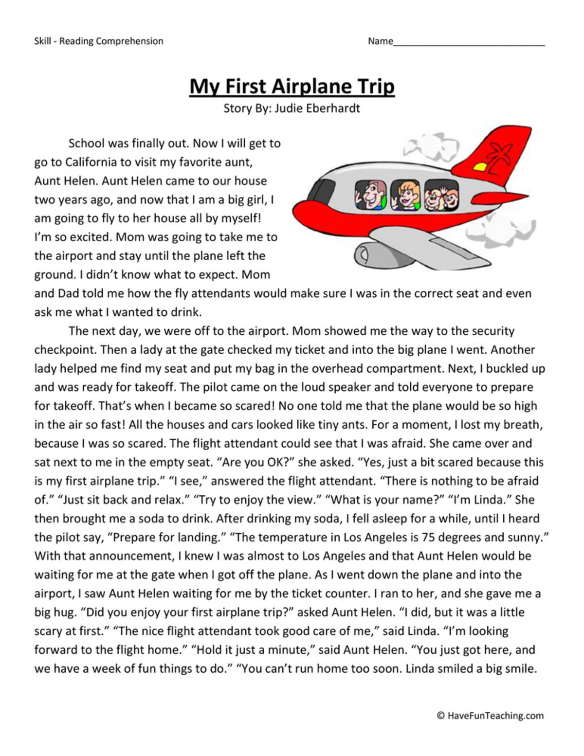 An educational teaching resource from Have Fun Teaching entitled My First Airplane Trip Reading Comprehension Worksheet downloadable at Teach Simple.