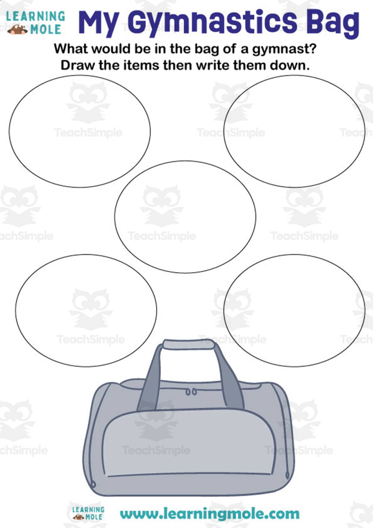 An educational teaching resource from Educational Voice entitled My Gymnastics Bag Activity downloadable at Teach Simple.
