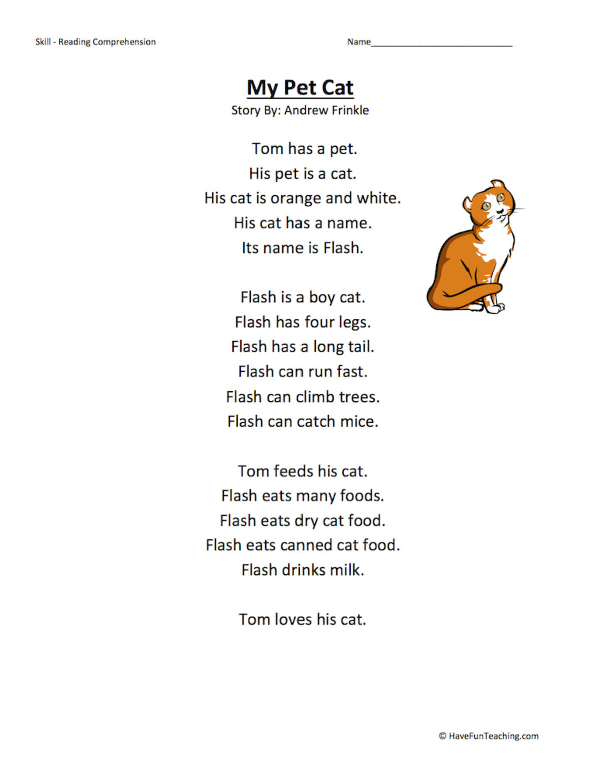An educational teaching resource from Have Fun Teaching entitled My Pet Cat Reading Comprehension Worksheet downloadable at Teach Simple.