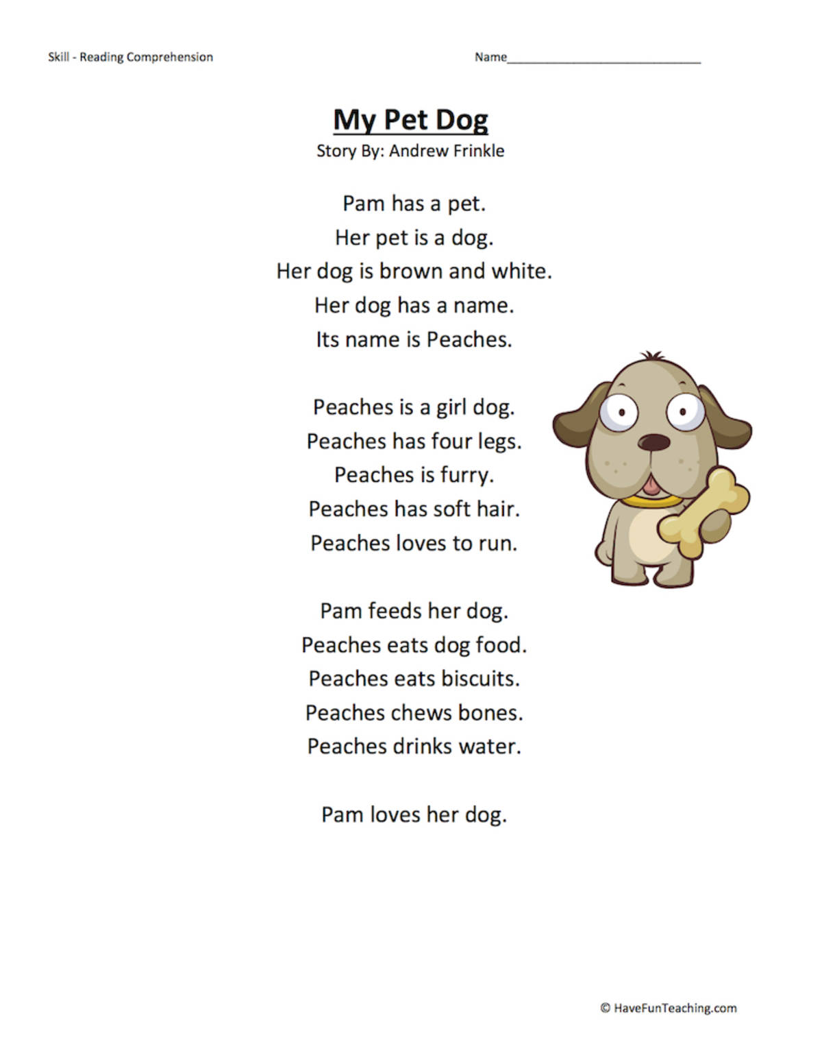 An educational teaching resource from Have Fun Teaching entitled My Pet Dog Reading Comprehension Worksheet downloadable at Teach Simple.