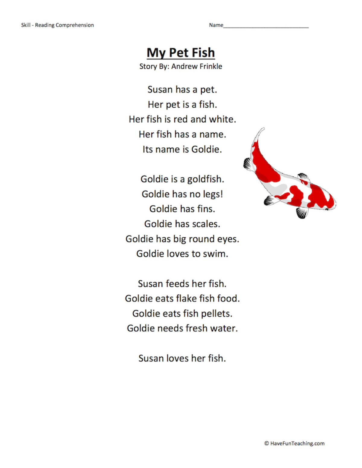 An educational teaching resource from Have Fun Teaching entitled My Pet Fish Reading Comprehension Worksheet downloadable at Teach Simple.