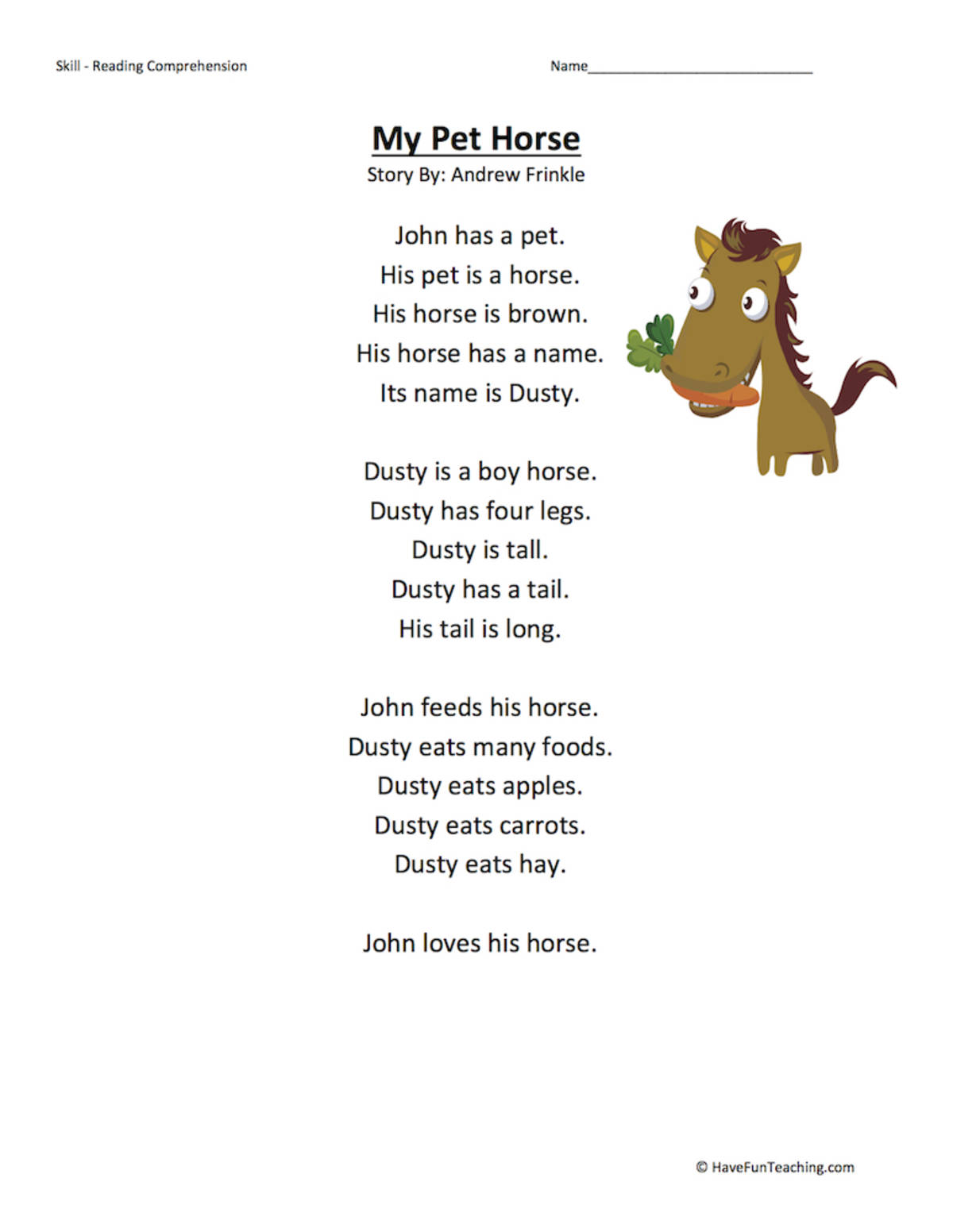 An educational teaching resource from Have Fun Teaching entitled My Pet Horse Reading Comprehension Worksheet downloadable at Teach Simple.