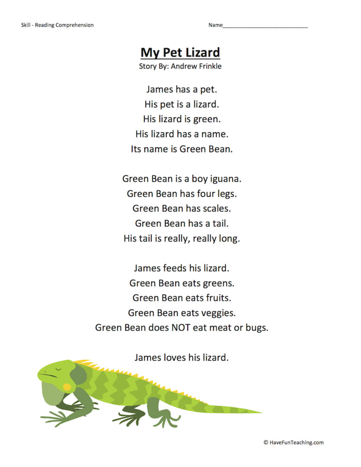 An educational teaching resource from Have Fun Teaching entitled My Pet Lizard Reading Comprehension Worksheet downloadable at Teach Simple.
