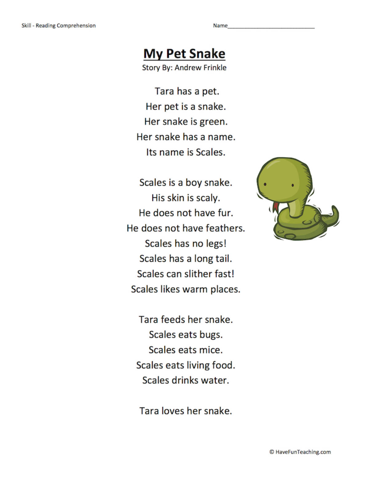 An educational teaching resource from Have Fun Teaching entitled My Pet Snake Reading Comprehension Worksheet downloadable at Teach Simple.