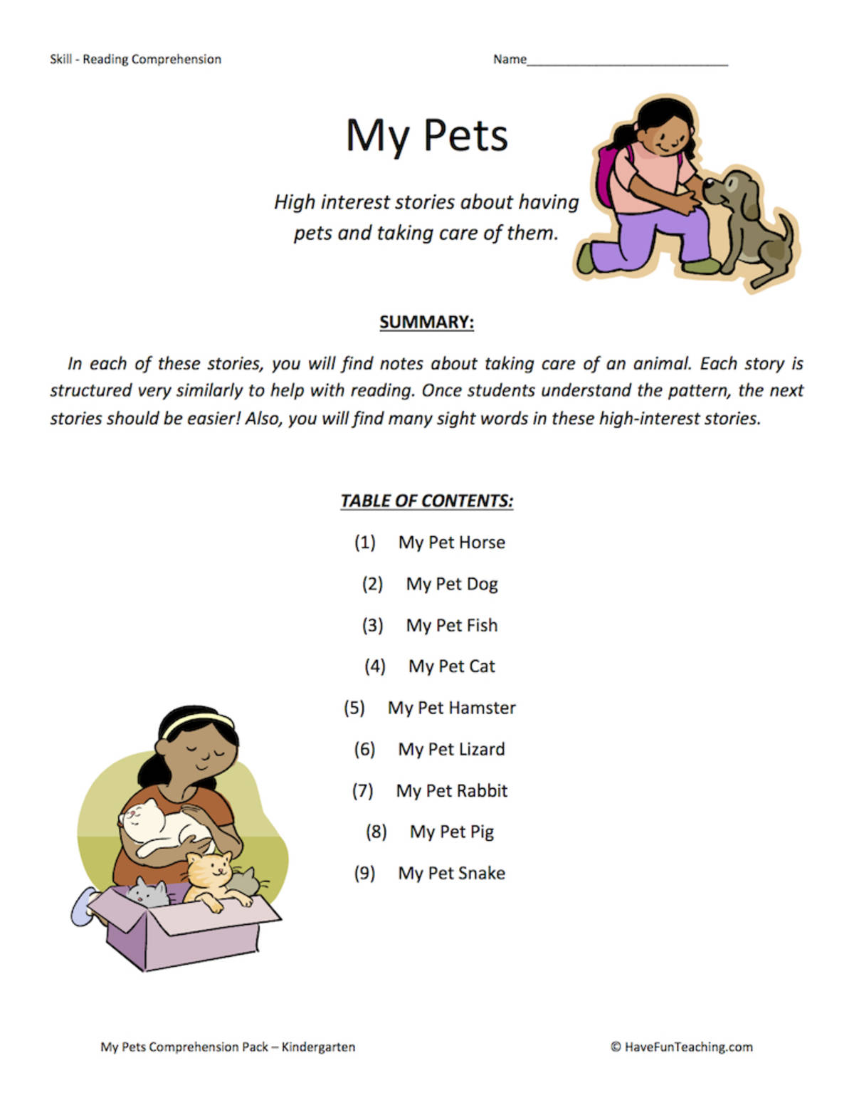 An educational teaching resource from Have Fun Teaching entitled My Pets Reading Comprehension Test Collection downloadable at Teach Simple.