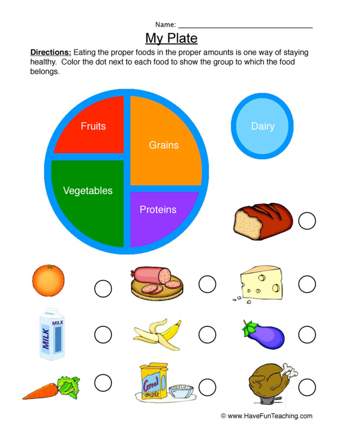 An educational teaching resource from Have Fun Teaching entitled My Plate Sorting Worksheet – Food Groups downloadable at Teach Simple.