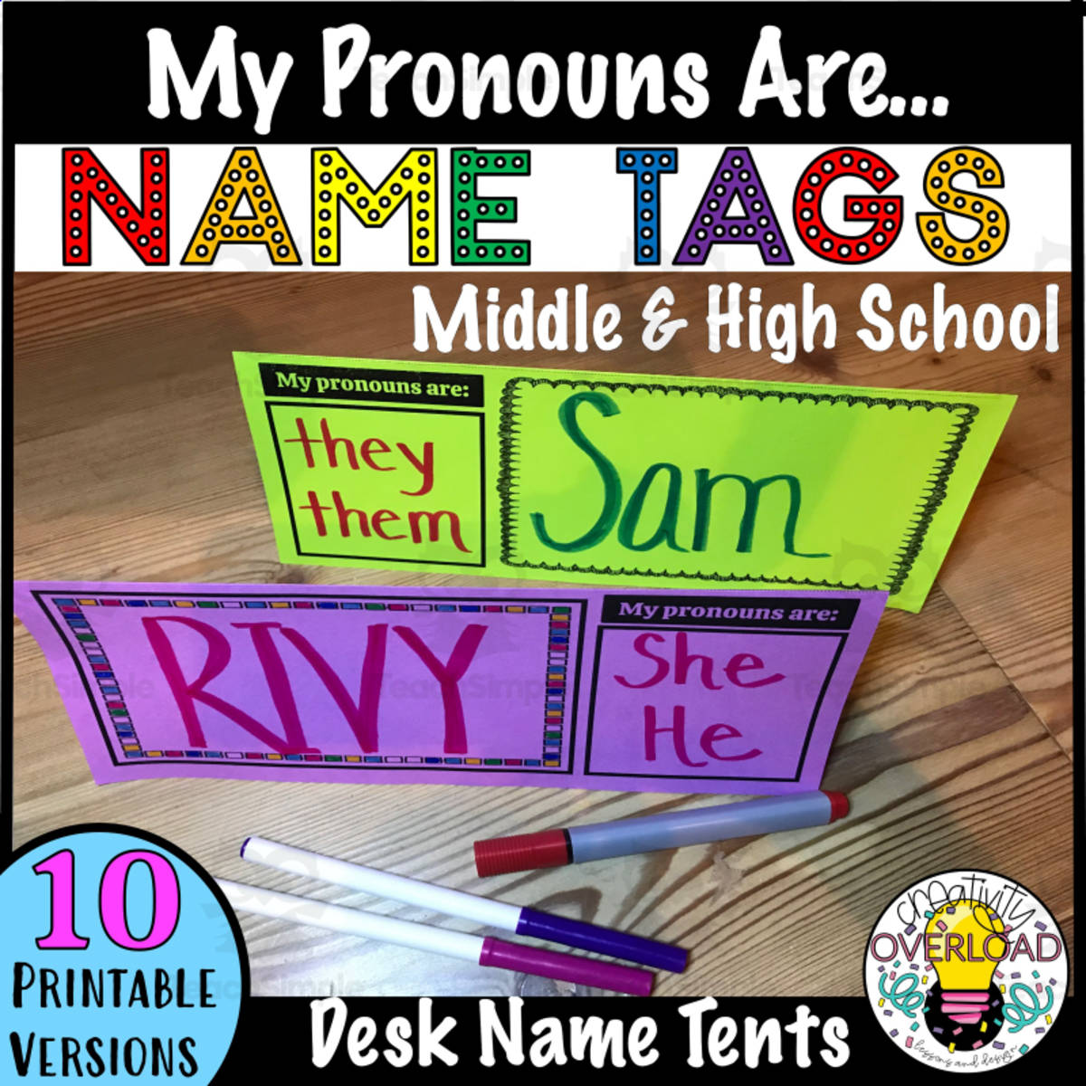 An educational teaching resource from Creativity Overload entitled "My Pronouns Are..." Desk Tags downloadable at Teach Simple.