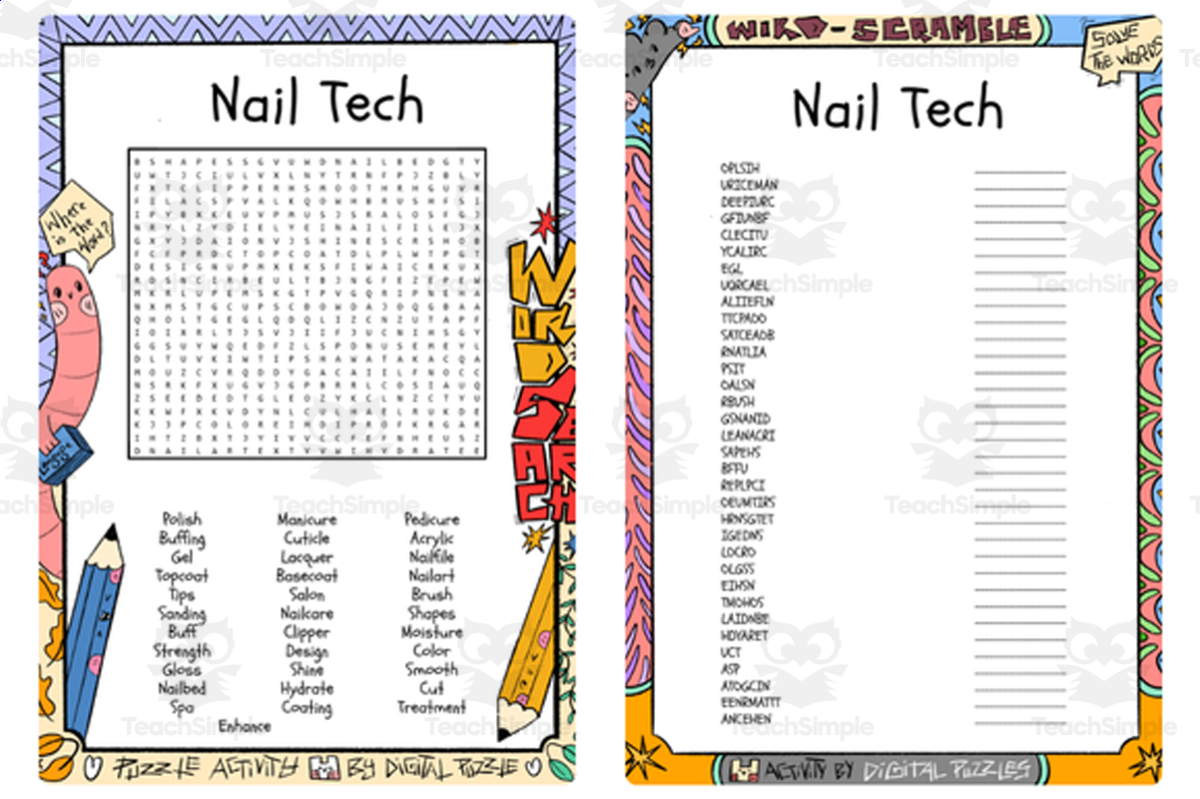 An educational teaching resource from Lapiiin Art Activities entitled Nail Tech word search & scramble downloadable at Teach Simple.