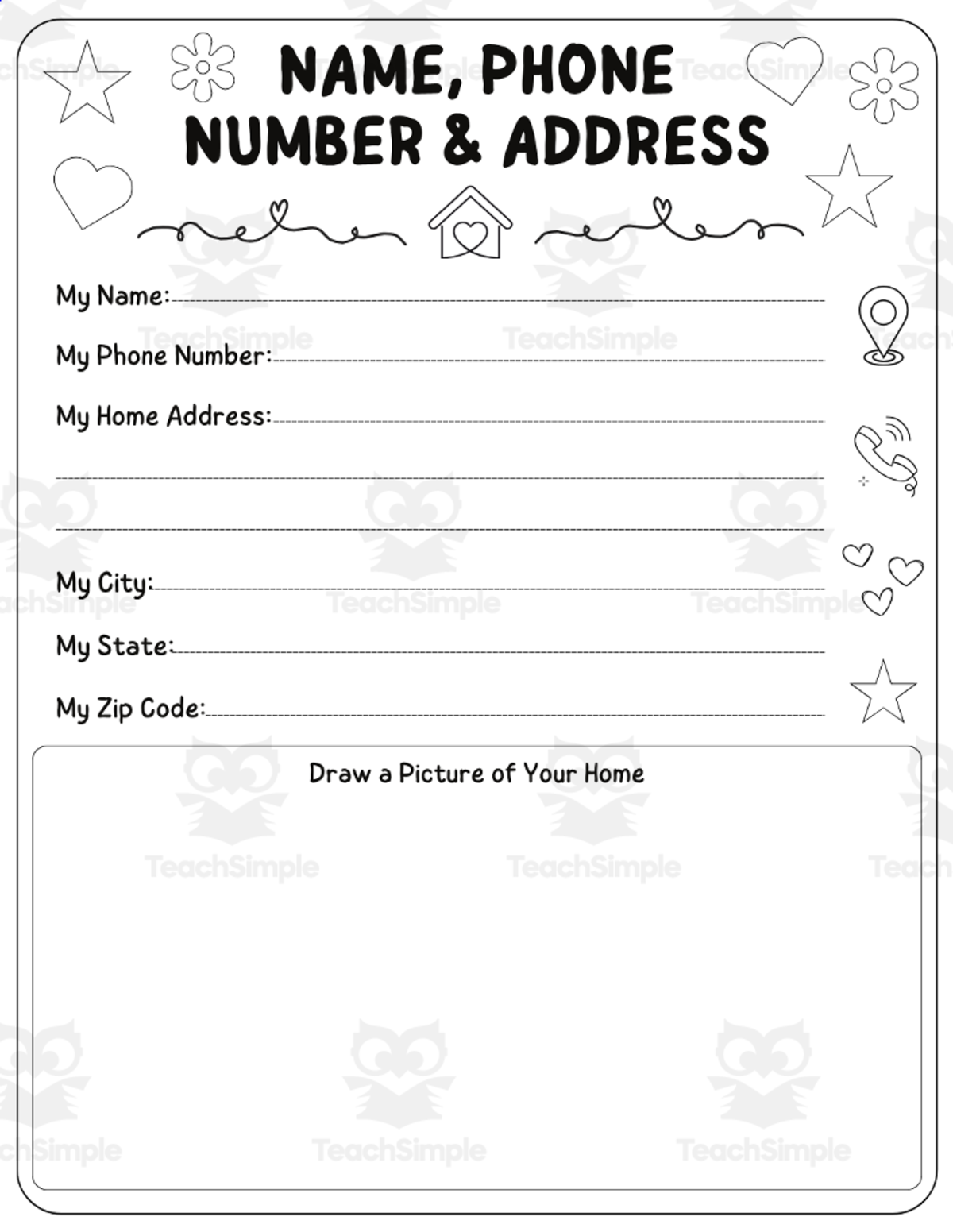 An educational teaching resource from Smart Learning Press entitled Name, Phone Number & Address Worksheets for Kindergarten downloadable at Teach Simple.