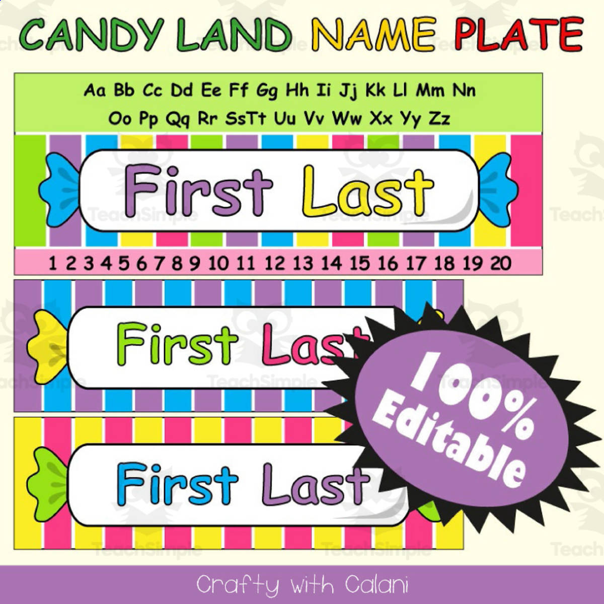 An educational teaching resource from Crafty with Calani entitled Name Plate Labels in Candy Land Theme - 100% Editable downloadable at Teach Simple.
