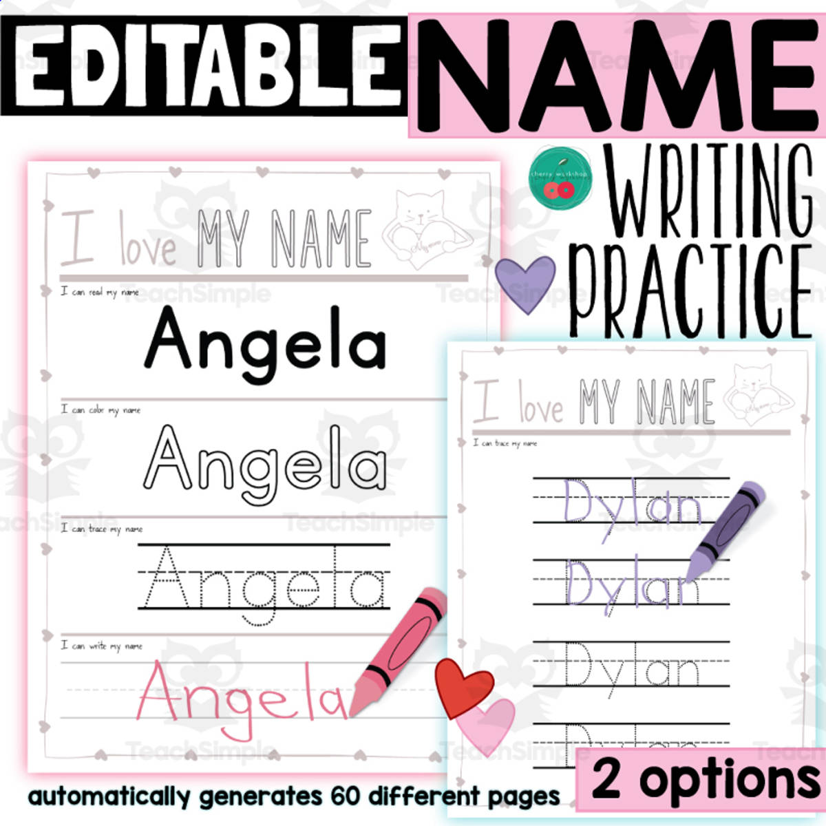 An educational teaching resource from Cherry Workshop entitled Name Tracing Worksheets – Valentine's Day Theme downloadable at Teach Simple.