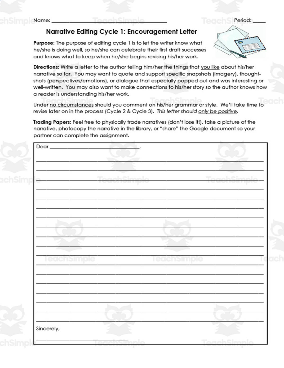 An educational teaching resource from ELA Resources entitled Narrative Editing Cycle 1: Encouragement Letter downloadable at Teach Simple.