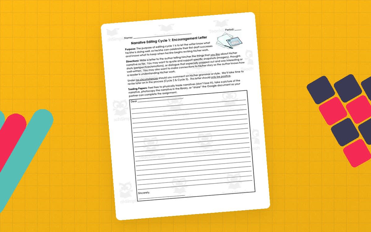 An educational teaching resource from ELA Resources entitled Narrative Editing Cycle 1: Encouragement Letter downloadable at Teach Simple.