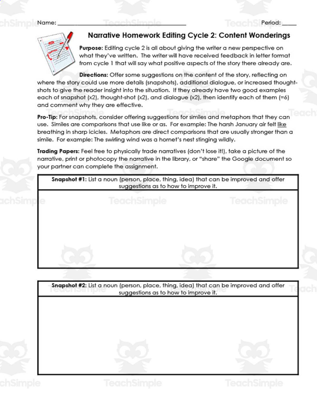 An educational teaching resource from ELA Resources entitled Narrative Editing Cycle 2: Content Wonderings downloadable at Teach Simple.