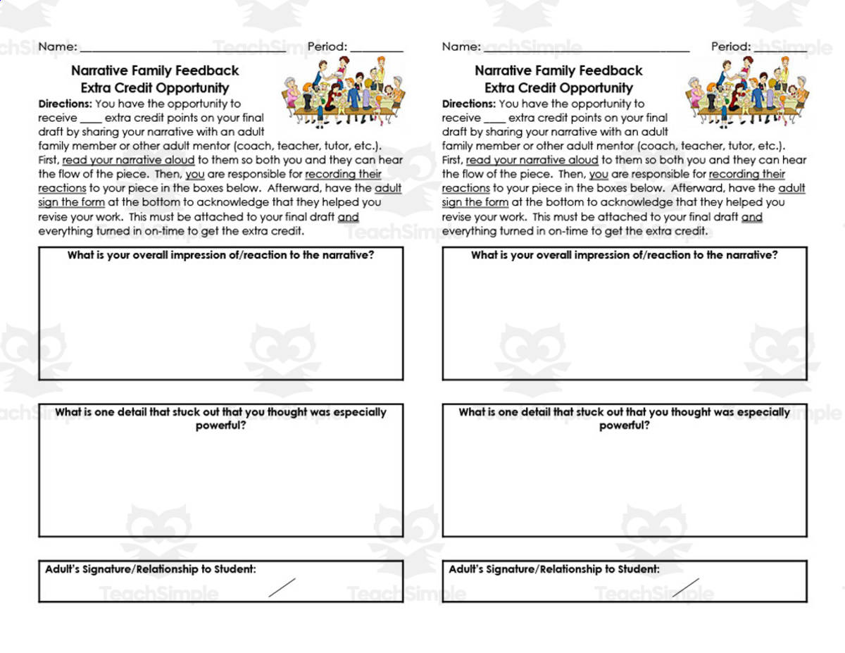 An educational teaching resource from ELA Resources entitled Narrative Family Feedback Extra Credit Opportunity downloadable at Teach Simple.