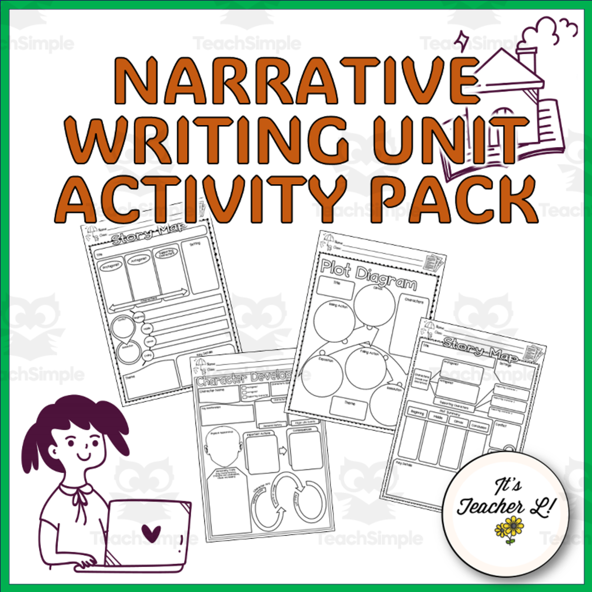 An educational teaching resource from It's Teacher L entitled Narrative Text / Essay Writing Unit Graphic Organizers ELA Grade 6 7 8 downloadable at Teach Simple.
