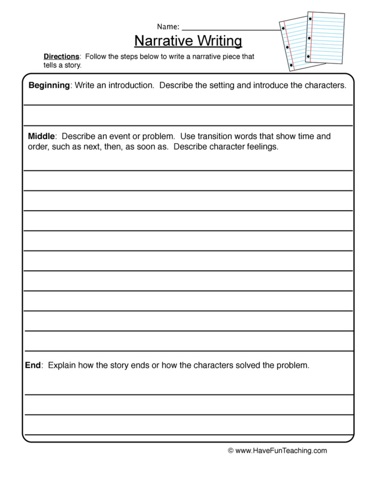 An educational teaching resource from Have Fun Teaching entitled Narrative Writing Brainstorming Worksheet downloadable at Teach Simple.