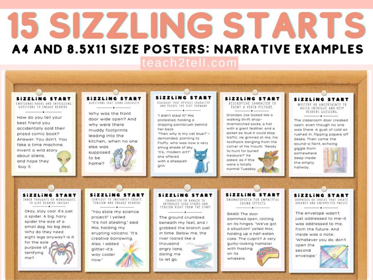 An educational teaching resource from Teach2Tell entitled Narrative Writing Story Starters Beginnings Sizzling Starts downloadable at Teach Simple.