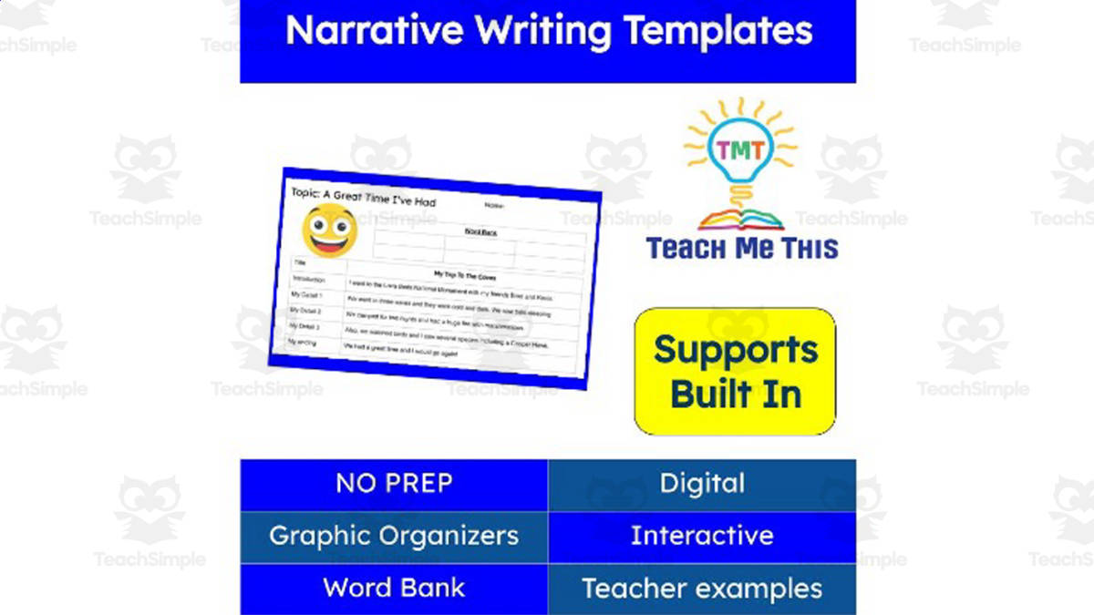 An educational teaching resource from Teach Me This entitled Narrative Writing Templates | Digital Graphic Organizers downloadable at Teach Simple.