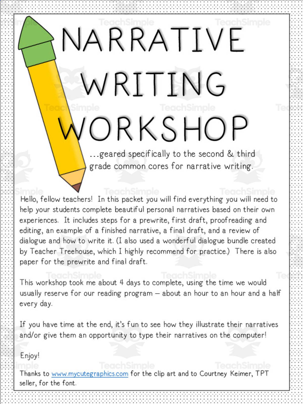 An educational teaching resource from At the Core entitled Narrative Writing Workshop downloadable at Teach Simple.