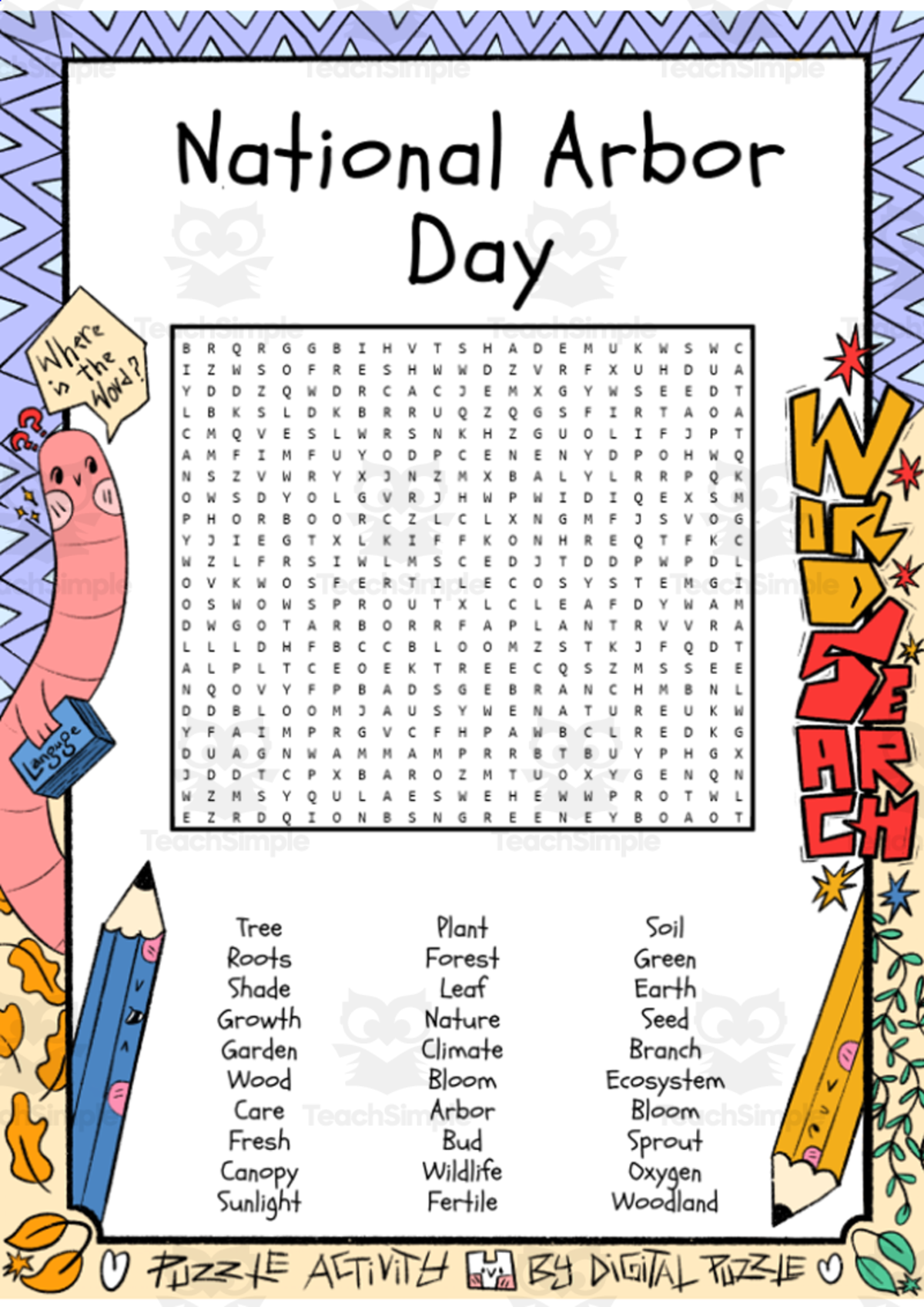 An educational teaching resource from Lapiiin Art Activities entitled National Arbor Day word search puzzle worksheet activity downloadable at Teach Simple.
