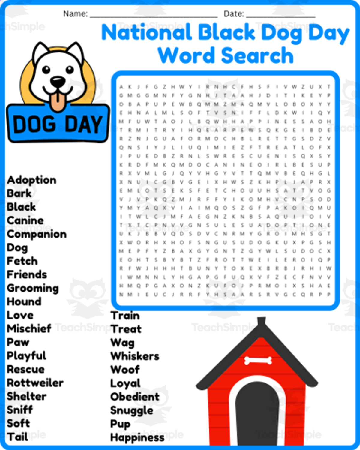 An educational teaching resource from space shope entitled National Black Dog Day Word Search Puzzle Worksheet Activities downloadable at Teach Simple.