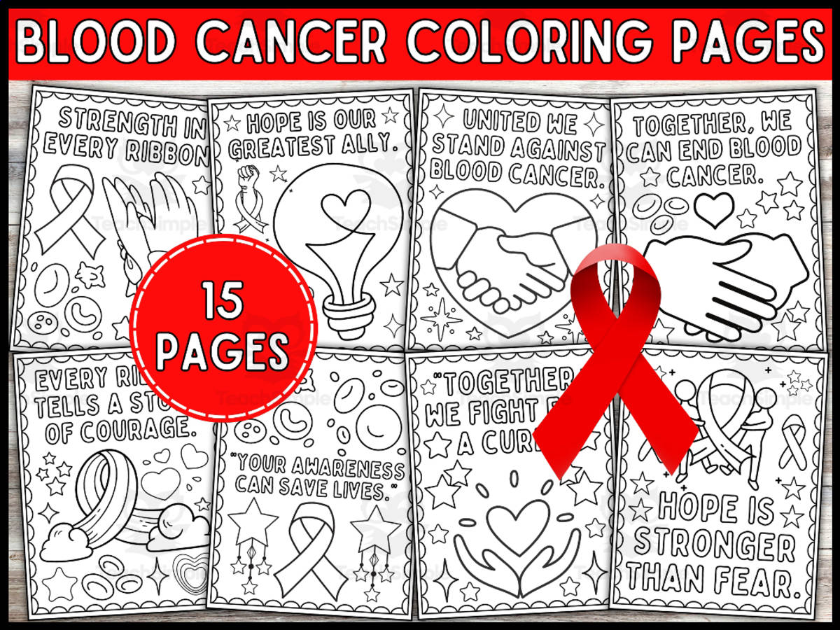An educational teaching resource from Wonderland School entitled National Blood Cancer Awareness Month Coloring Pages for Kids downloadable at Teach Simple.