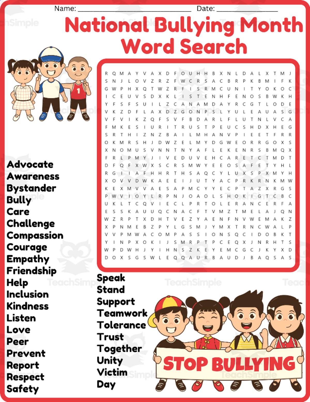 An educational teaching resource from space shope entitled National Bullying Prevention Month Word Search Puzzle Worksheet downloadable at Teach Simple.