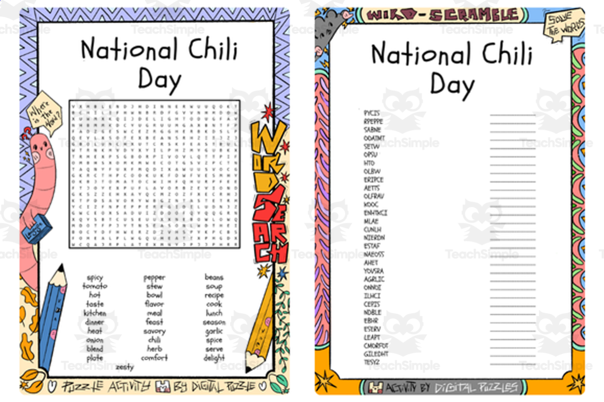 An educational teaching resource from Lapiiin Art Activities entitled National Chili Day word search & scramble downloadable at Teach Simple.