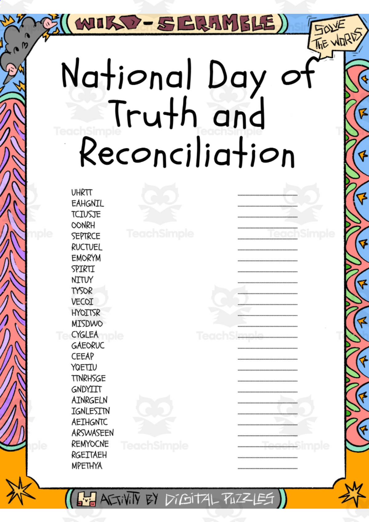 An educational teaching resource from Lapiiin Art Activities entitled National Day of Truth & Reconciliation word Scramble puzzle worksheet downloadable at Teach Simple.