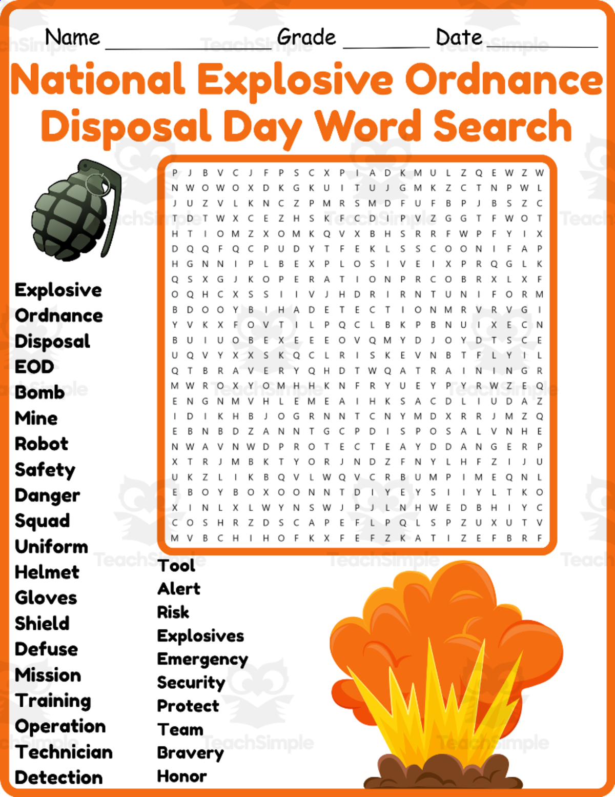An educational teaching resource from Classsimple entitled National Explosive Ordnance Disposal Day Word Search downloadable at Teach Simple.