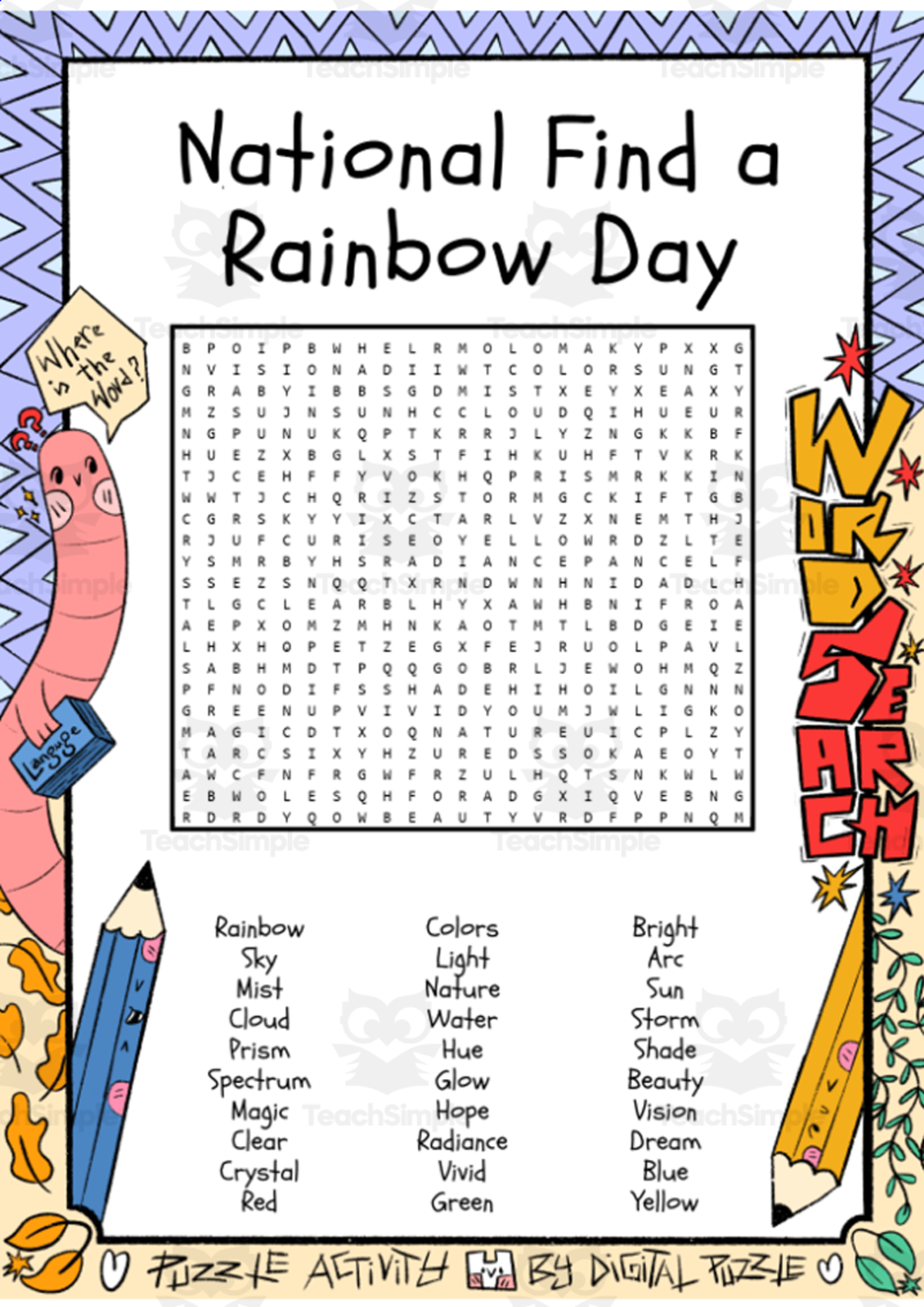 An educational teaching resource from Lapiiin Art Activities entitled National Find a Rainbow Day word search puzzle worksheet activity downloadable at Teach Simple.
