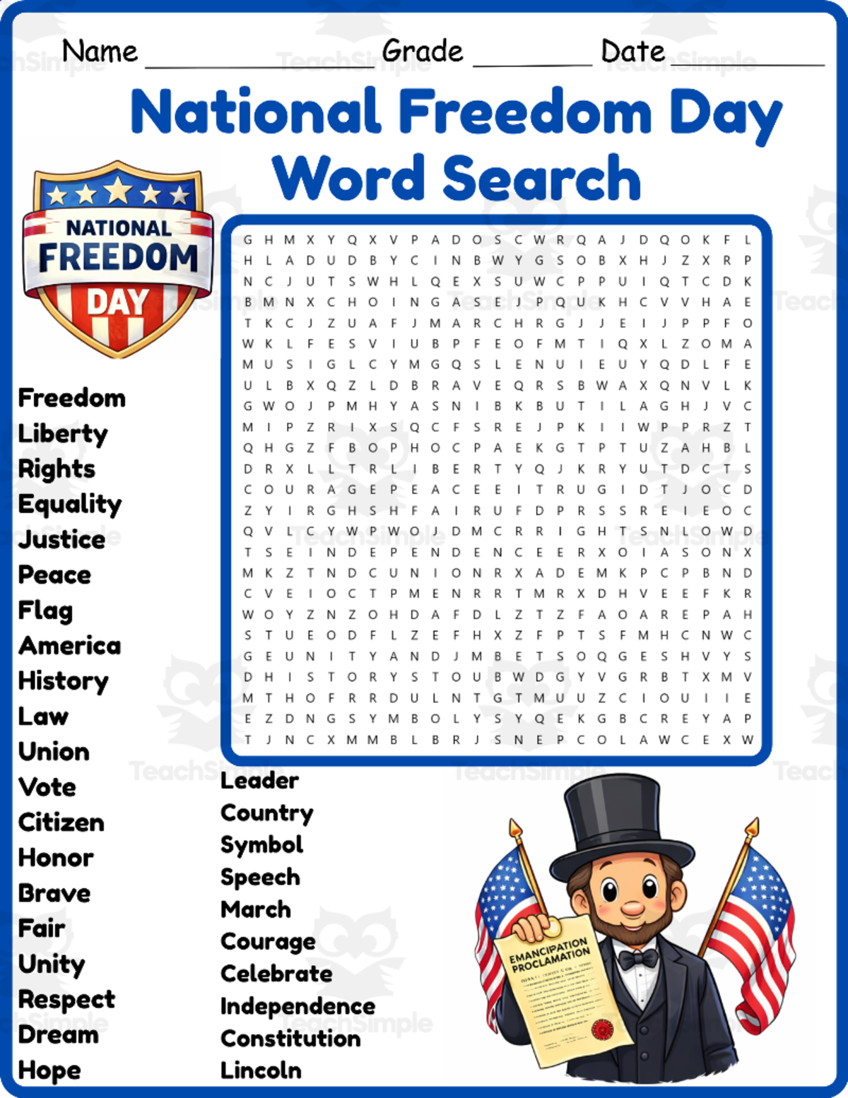 An educational teaching resource from Classsimple entitled National Freedom Day Word Search 2rd 3th 4th 5th Grade worksheet downloadable at Teach Simple.