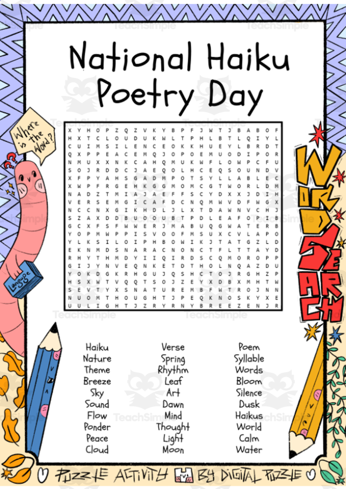 An educational teaching resource from Lapiiin Art Activities entitled National Haiku Poetry Day word search puzzle worksheet activity downloadable at Teach Simple.