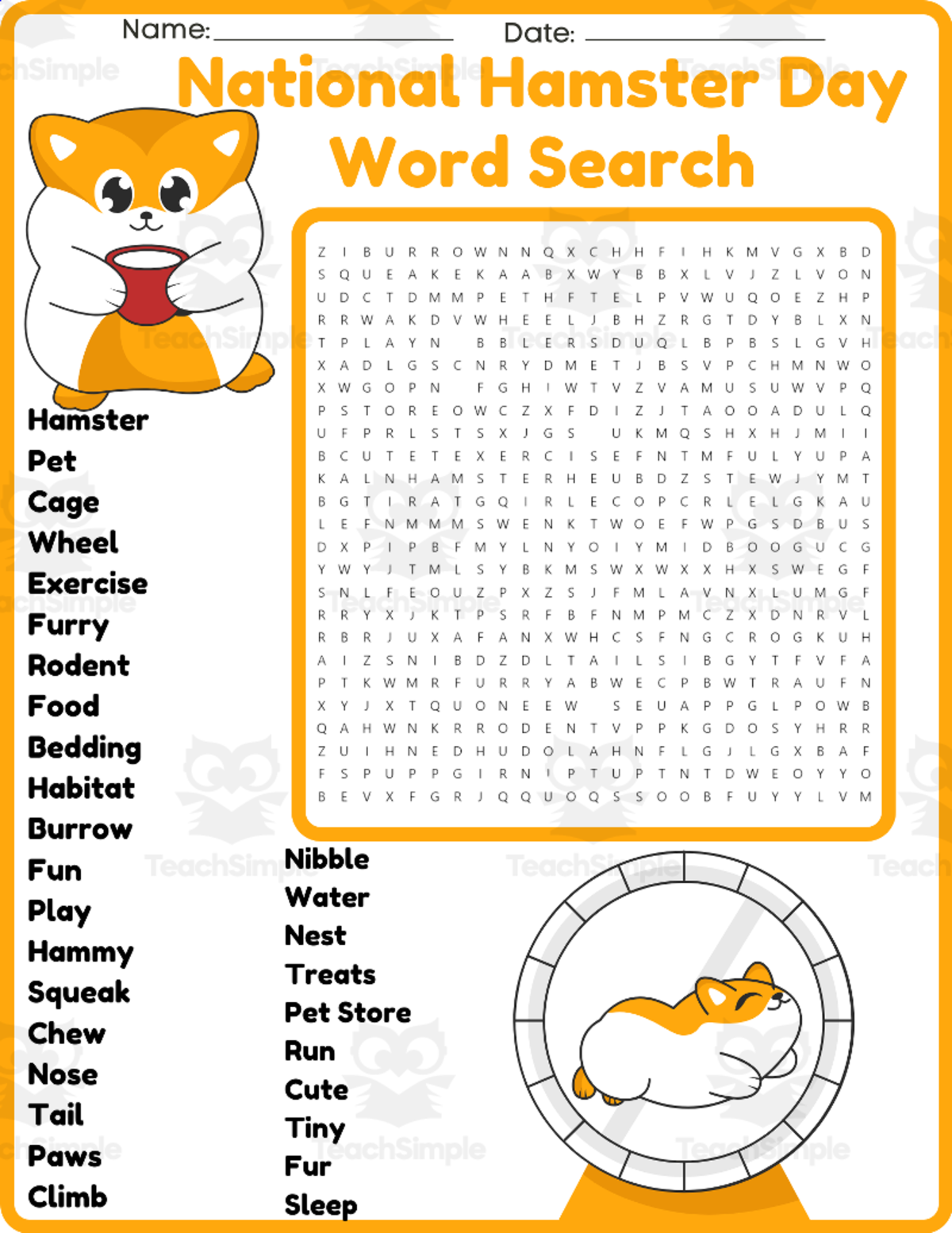 An educational teaching resource from space shope entitled National Hamster Day Word Search Puzzle Worksheet Activity Puzzle downloadable at Teach Simple.